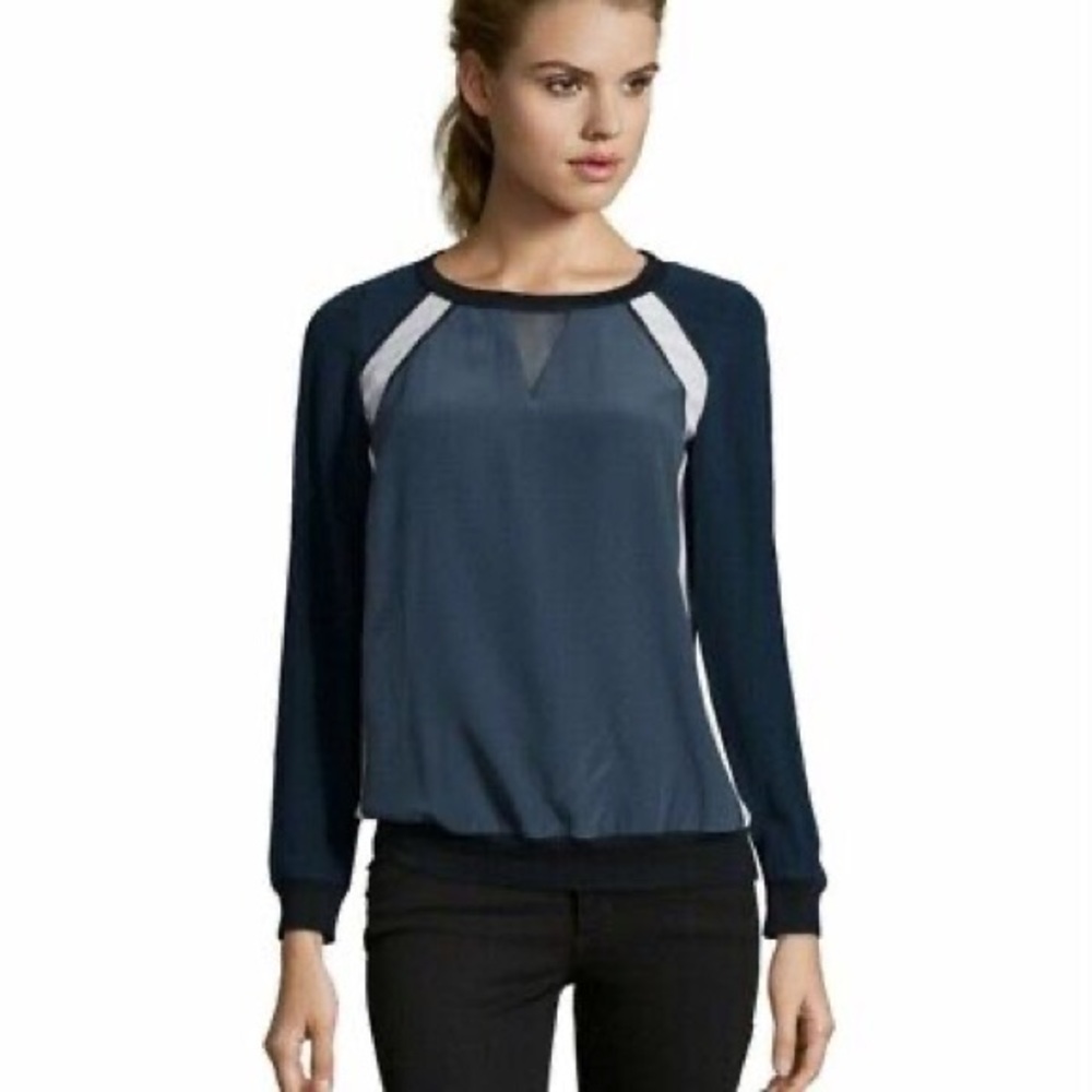 Rebecca Taylor Smoky Blue Combo Silk Chiffon Sweatshirt Top size 6